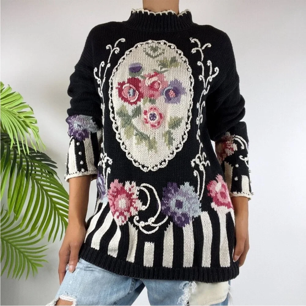 Women's Vintage Boaz Black Cottagecore Floral Oversized Knit Grandma Sweater / L